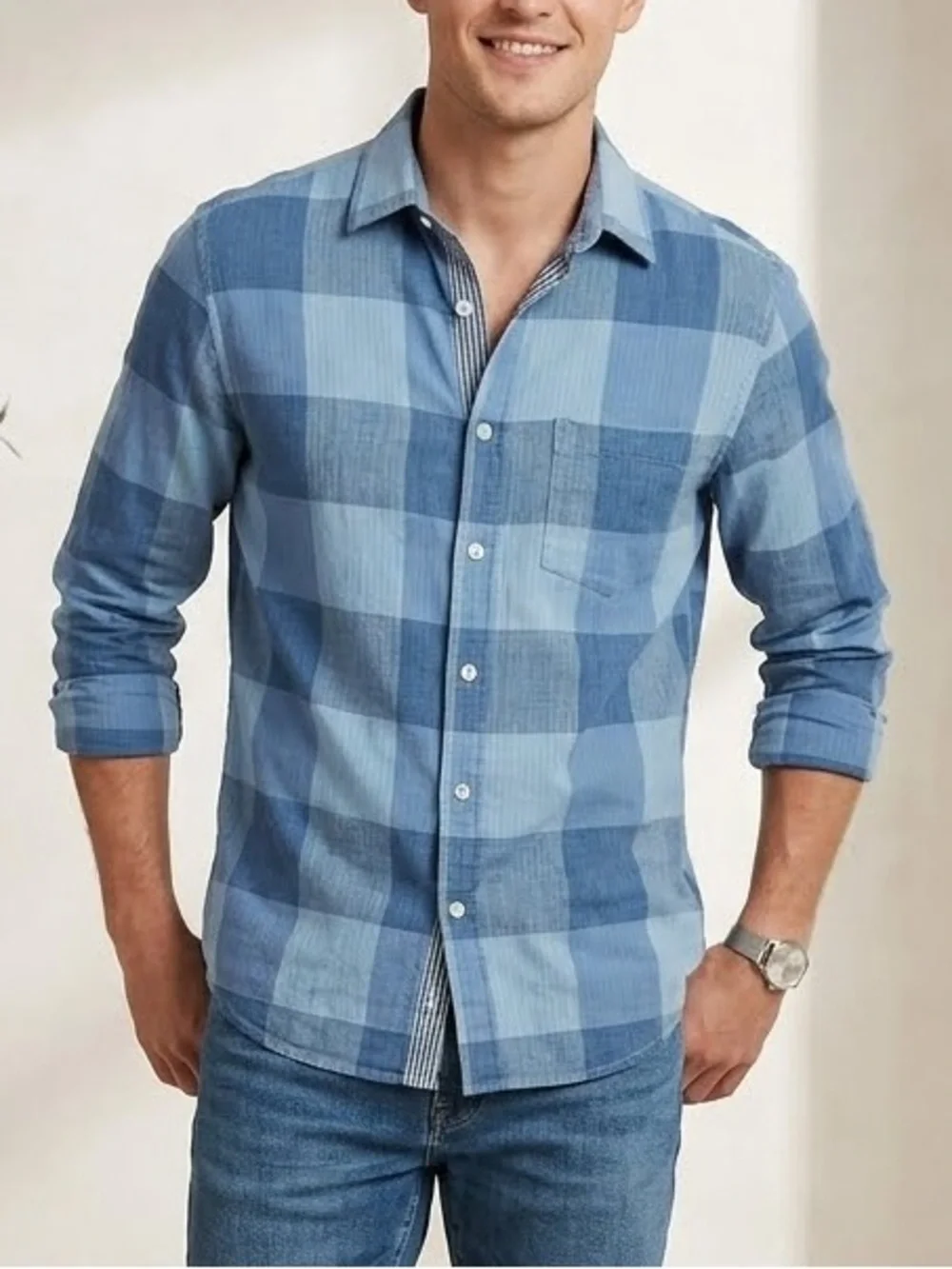 Banana Republic Untucked Fit Blue Gray Buffalo Check Soft Cotton Shirt Medium